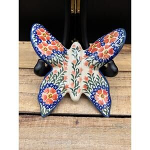 Polish Pottery Boleslwiec Butterfly Ornament Floral Hand Painted Wall Hanging